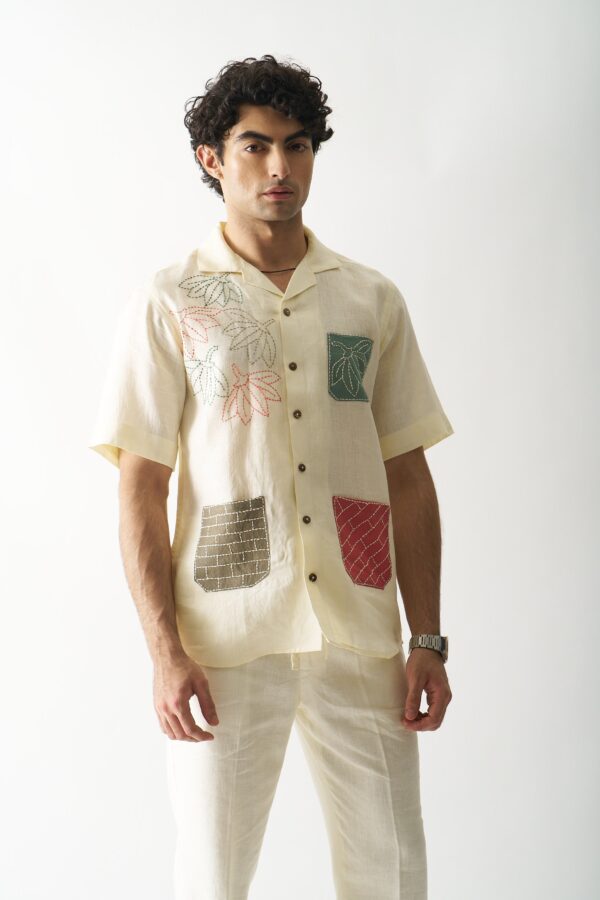 POCKET FUSION - MENS HAND EMBROIDERED PURE LINEN SHIRT