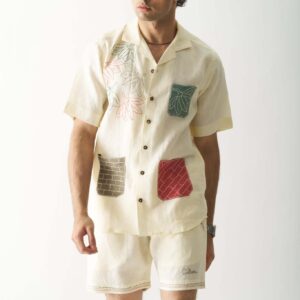 POCKET FUSION MENS HAND EMBROIDERED PURE LINEN CO ORD SET 1