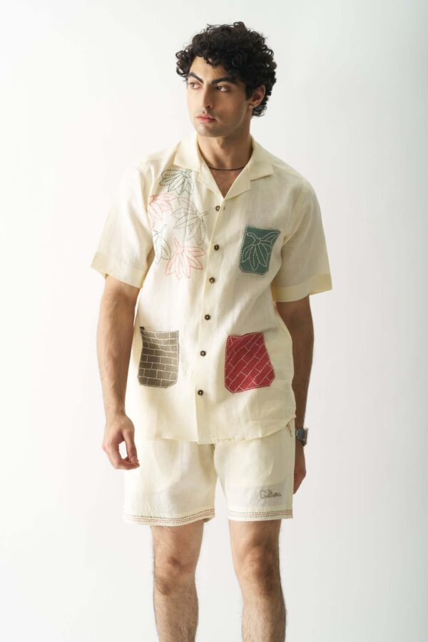 POCKET FUSION MENS HAND EMBROIDERED PURE LINEN CO ORD SET 1